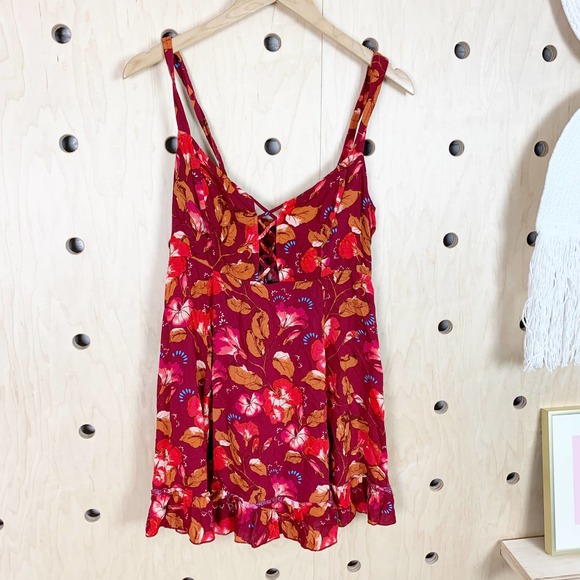 Free People Women's Lattice Lovers Slip Mini Floral Red Dress Size Small - Picture 3 of 6